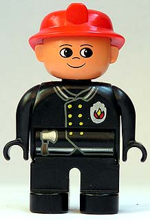 Duplo Figure, Male Fireman, Black Legs, Black Top with Flame Logo, Red Fire Helmet, no Moustache