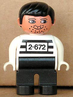 Duplo Figure, Male, Black Legs, White Top with 2-672 Number on Chest, Black Hair, White Hands, Stubble, Moustache Stubble (Jailbreak Joe)