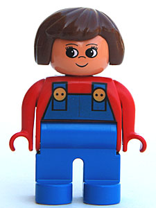 Duplo Figure, Female, Blue Legs, Red Top with Blue Overalls, Brown Hair, Turned Up Nose