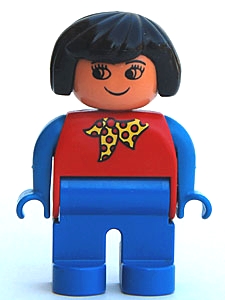 Duplo Figure, Female, Blue Legs, Red Top With Yellow And Red Polka Dot Scarf, Blue Arms, Black Hair, without Nose