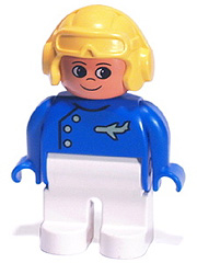 Duplo Figure, Male, White Legs, Blue Top with Plane Logo, Yellow Aviator Helmet, Turned Up Nose