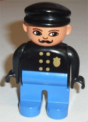 Duplo Figure, Male Police, Blue Legs, Black Top with Gold Badge, Black Hat, Turned Down Nose and Elliptical Eyes