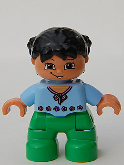 Duplo Figure Lego Ville, Child Girl, Bright Green Legs, Light Blue Top with Red Flowers, Black Hair