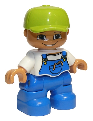 Duplo Figure Lego Ville, Child Boy, Blue Legs, White Top with Blue Overalls, Worms in Pocket, Lime Cap