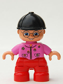 Duplo Figure Lego Ville, Child Girl, Red Legs, Dark Pink Top With Flowers, Black Riding Helmet, Glasses