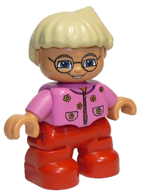 Duplo Figure Lego Ville, Child Girl, Red Legs, Dark Pink Top With Flowers, Light Blond Hair With Ponytail, Glasses
