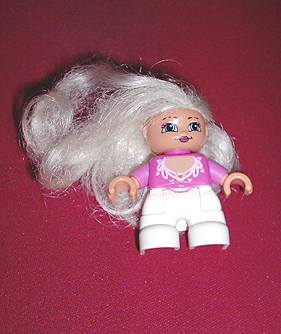 Duplo Figure Lego Ville, Child Girl, White Legs, Dark Pink Top with White Lace Neckline, Blond Hair (Princess)