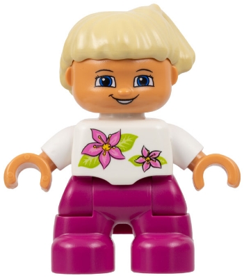 Duplo Figure Lego Ville, Child Girl, Magenta Legs, White Top with Two Flowers, White Arms, Tan Hair