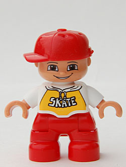 Duplo Figure Lego Ville, Child Boy, Red Legs, White Top with 'SKATE' Pattern, Red Cap