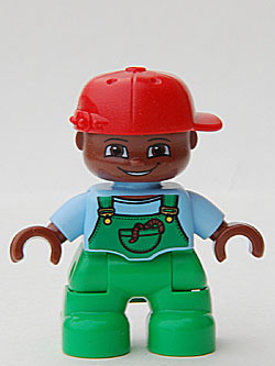Duplo Figure Lego Ville, Child Boy, Bright Green Legs, Bright Light Blue Top with Bright Green Overalls with Worms in Pocket, Brown Head, Red Cap