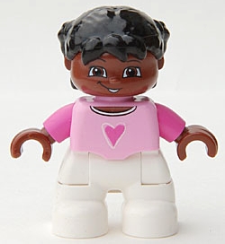 Duplo Figure Lego Ville, Child Girl, White Legs, Bright Pink Top, Dark Pink Arms, Brown Head, Black Hair with Braids