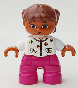 Duplo Figure Lego Ville, Child Girl, Magenta Legs, White Top with Flowers, Reddish Brown Hair with Braids