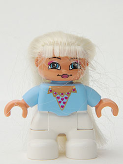 Duplo Figure Lego Ville, Child Girl, White Legs, Bright Light Blue Top with Heart Pattern, Blond Hair (Princess)