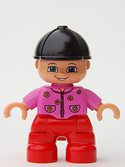 Duplo Figure Lego Ville, Child Girl, Red Legs, Dark Pink Top with Flowers, Black Riding Helmet