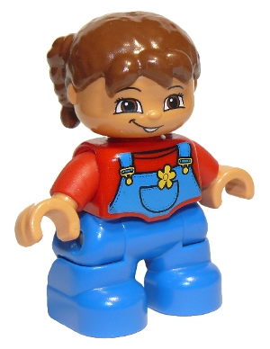 Duplo Figure Lego Ville, Child Girl, Blue Legs Overalls with Yellow Flower in Pocket, Red Top, Reddish Brown Hair, Brown Eyes