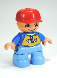 Duplo Figure Lego Ville, Child Boy, Medium Blue Legs, Blue Top with 'SKATE' Pattern, Red Cap