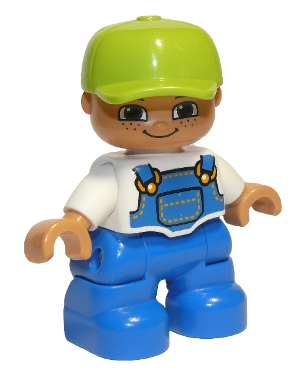 Duplo Figure Lego Ville, Child Boy, Blue Legs, White Top with Blue Overalls, Lime Cap, Freckles