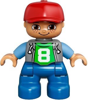 Duplo Figure Lego Ville, Child Boy, Blue Legs, Light Bluish Gray Top with Number 8, Medium Blue Arms, Red Cap, Freckles