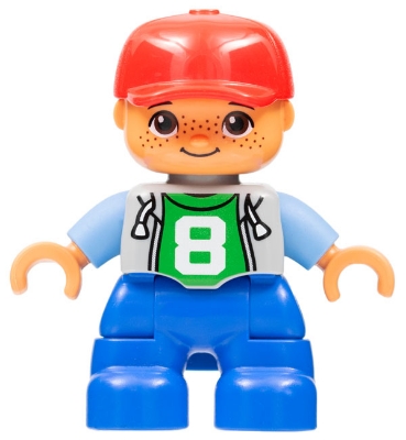 Duplo Figure Lego Ville, Child Boy, Blue Legs, Light Bluish Gray Top with Number 8, Medium Blue Arms, Red Cap, Freckles, Oval Eyes