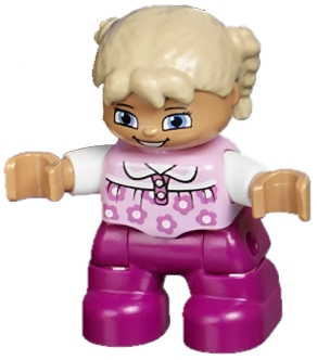 Duplo Figure Lego Ville, Child Girl, Magenta Legs, Bright Pink Top with Flowers, White Arms, Tan Hair with Braids