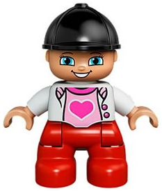 Duplo Figure Lego Ville, Child Girl, Red Legs, White Top with Heart, Black Riding Helmet