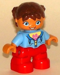 Duplo Figure Lego Ville, Child Girl, Red Legs, Medium Blue Jacket over Shirt with Flower, Reddish Brown Pigtails, Oval Eyes
