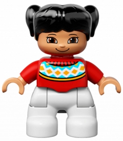 Duplo Figure Lego Ville, Child Girl, White Legs, Red Fair Isle Sweater with Orange Diamonds, Brown Eyes with Cheeks Outline, Black Pigtails