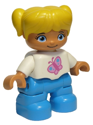Duplo Figure Lego Ville, Child Girl, Dark Azure Legs, White Top with Pink Butterfly, Yellow Hair with Pigtails