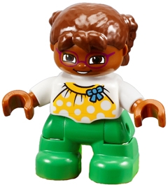 Duplo Figure Lego Ville, Child Girl, Bright Green Legs, White Top with Yellow Pattern and Blue Bow, Brown Hair, Brown Head, Magenta Glasses