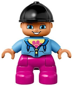 Duplo Figure Lego Ville, Child Girl, Dark Pink Legs, Medium Blue Jacket with Flower Top, Black Riding Helmet