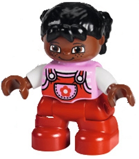 Duplo Figure Lego Ville, Child Girl, Red Legs, Bright Pink Top with Flower on Pocket, White Arms, Black Hair Pigtails with Uneven Bangs
