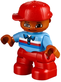 Duplo Figure Lego Ville, Child Boy, Red Legs, Medium Blue Top with Zipper and Blue, Red and White Stripes, Red Cap