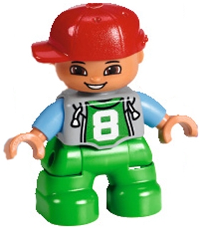 Duplo Figure Lego Ville, Child Boy, Bright Green Legs, Light Bluish Gray Top with &#39;8&#39; Pattern, Medium Blue Arms, Red Cap