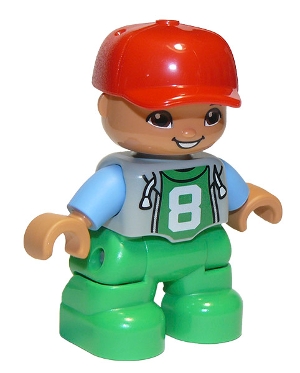 Duplo Figure Lego Ville, Child Boy, Bright Green Legs, Light Bluish Gray Top with &#39;8&#39; Pattern, Medium Blue Arms, Red Cap, Oval Eyes