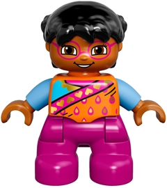 Duplo Figure Lego Ville, Child Girl, Dark Pink Legs, Orange Top, Black Hair