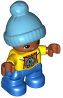 Duplo Figure Lego Ville, Child Boy, Blue Legs, Yellow Top, Medium Azure Bobble Cap