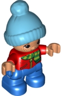 Duplo Figure Lego Ville, Child Boy, Blue Legs, Red Top with Scarf and Zipper Pattern, Freckles, Brown Eyes, Medium Azure Bobble Cap