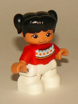 Duplo Figure Lego Ville, Child Girl, White Legs, Red Fair Isle Sweater with Orange Diamonds, Brown Oval Eyes, Black Pigtails