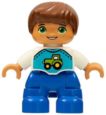 Duplo Figure Lego Ville, Child Boy, Blue Legs, White Top with Tractor Pattern, Reddish Brown Hair