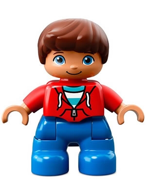 Duplo Figure Lego Ville, Child Boy, Blue Legs, Red Top with Zipper and Pockets, Reddish Brown Hair