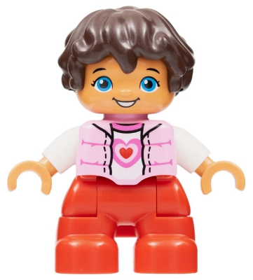 Duplo Figure Lego Ville, Child Girl, Red Legs, Bright Pink Top with Heart Pattern, White Arms, Reddish Brown Hair