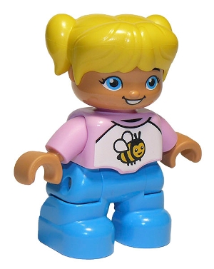 Duplo Figure Lego Ville, Child Girl, Dark Azure Legs, White and Bright Pink Top with Bee, Yellow Hair with Pigtails