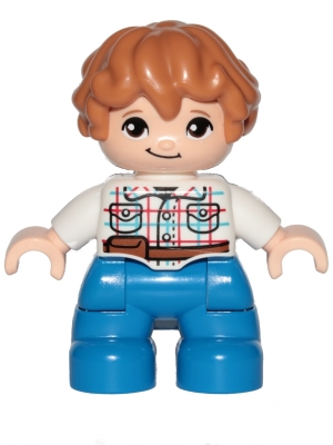 Duplo Figure Lego Ville, Child Boy, Blue Legs, White Checkered Shirt with Belt, Medium Nougat Hair