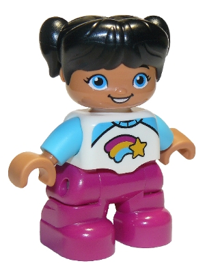 Duplo Figure Lego Ville, Child Girl, Magenta Legs, White and Medium Azure Top with Shooting Star, Black Hair with Pigtails