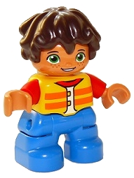 Duplo Figure Lego Ville, Child Boy, Blue Legs, Yellow Vest, Red Arms, Reddish Brown Hair