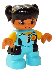 Duplo Figure Lego Ville, Child Girl, Medium Azure Diving Suit, Yellow Arms, Black Hair with Pigtails