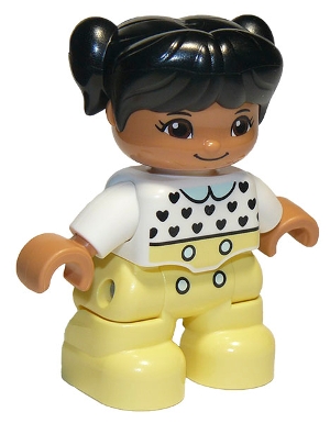 Duplo Figure Lego Ville, Child Girl, Bright Light Yellow Legs, White Top with Black Hearts, Black Hair with Pigtails, Medium Nougat Skin