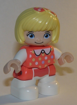 Duplo Figure Lego Ville, Child Girl, White Legs, Coral Top with Polka Dots Pattern, White Arms, Bright Light Yellow Hair with Bow