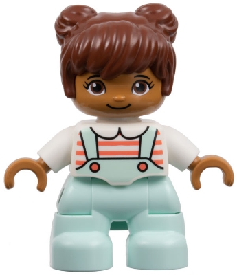 Duplo Figure Lego Ville, Child Girl, Light Aqua Legs, White Top with Coral Stripes, Reddish Brown Hair
