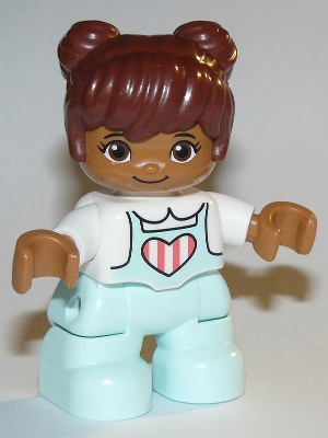 Duplo Figure Lego Ville, Child Girl, Light Aqua Legs, White Top with Coral Stripes in Heart, Reddish Brown Hair